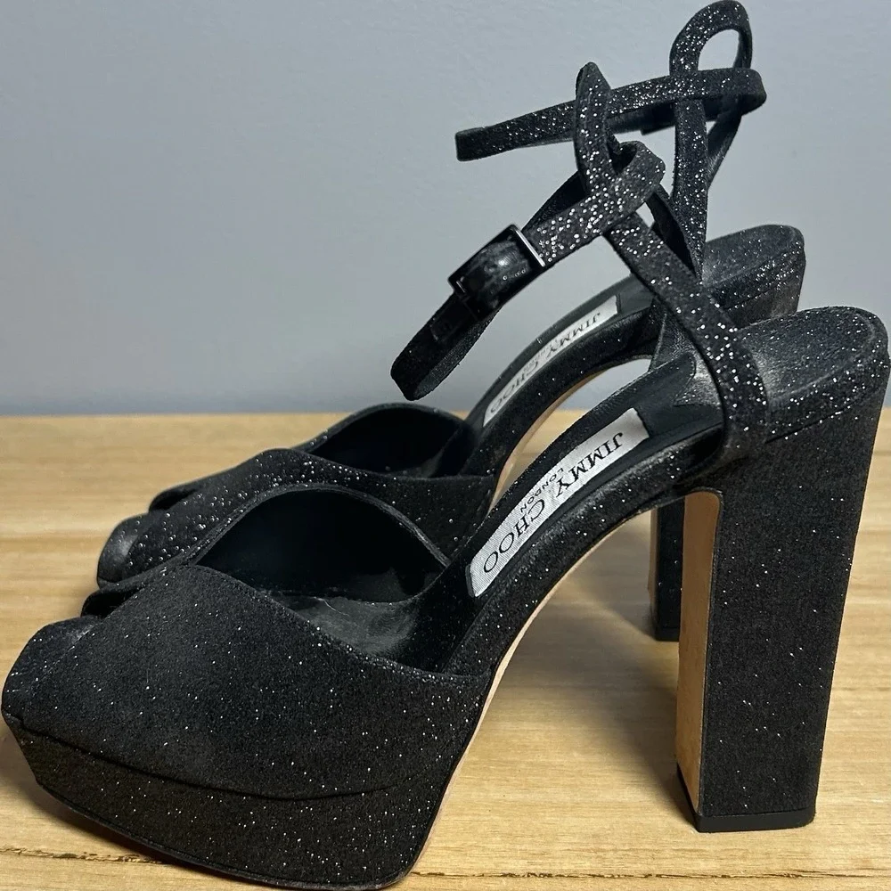 Jimmy Choo London Made in Italy Black Glitter Sacaria Block Platform Sandals